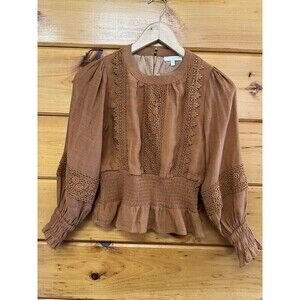 Chelsea & Violet Top Girls Size Medium Brown Peasant Smocked Waist Lace Crochet